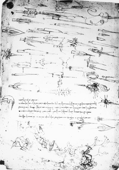Sheet of studies of foot soldiers and horsemen in combat, and halbards, 1485-1488 by Leonardo da Vinci